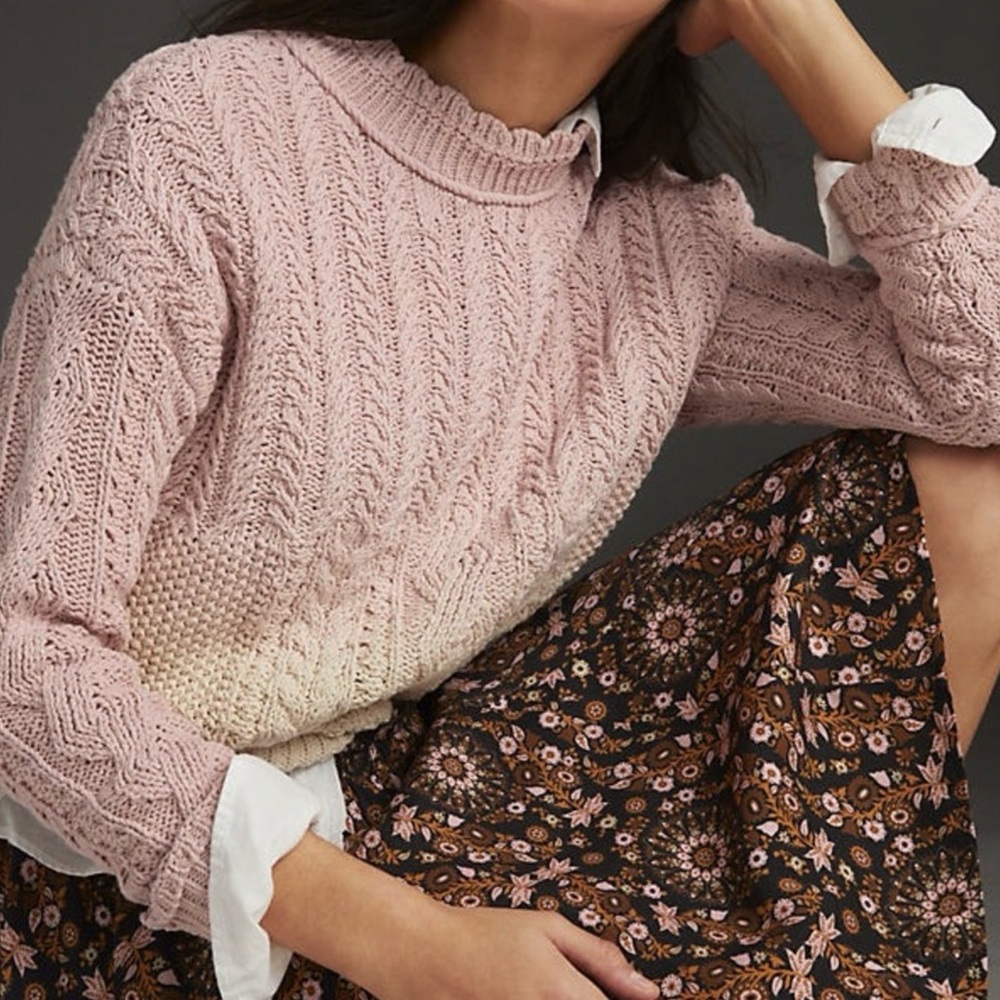 Anthropologie Marci Dip Dye Cable Knit Sweater Pink Cream Ombré Cotton XL